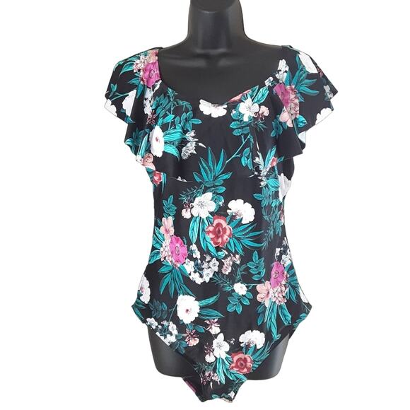 Coastal Blue Size Large Black Floral Off Shoulder Ruffle One Piece Swimsuit NEW - Picture 1 of 8